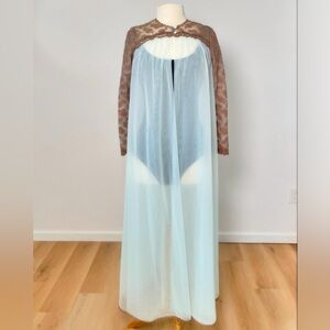 Vintage Petite | Light Blue Nylon Peignoir Gown & Robe Lace Accent Set